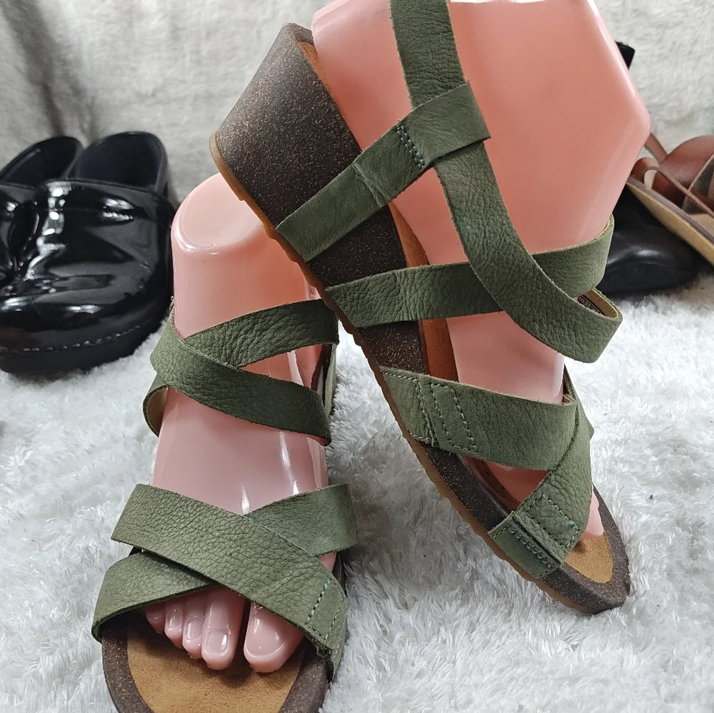 Teva Mahonia Wedge Sandals Bundles  Cross Strap Black/Green Leather Women Sz 8.5 - Picture 6 of 12